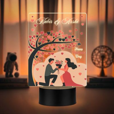 Personalized Happy Valentine's Day Theme LED Night Lamp, Couple with Heart Tree Design Valentines Day Gift for Couples Warm White Light